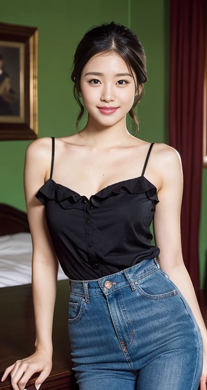 (a gorgeous korean lady, age 28, holding a violin, wearing a semi-high_neck_ruffle_front_detail pink blouse, in her cosy room. she has dimpled cheeks, kind friendly smile, cute snaggle-tooth, short_hair_ponytail, realistic symmetrical face, beautiful detailed face, beautiful detailed eyes, ample_round_bosom, photorealistic, hyper-realism, high contrast, ultra HD, realistic skin textures, top image quality, top-quality, super high resolution, fine details, very meticulously, masterpiece, head_to_knees, the_Cowboy_shot, romantic_vibes, bokeh_background, serene_ambience) #CanonInD