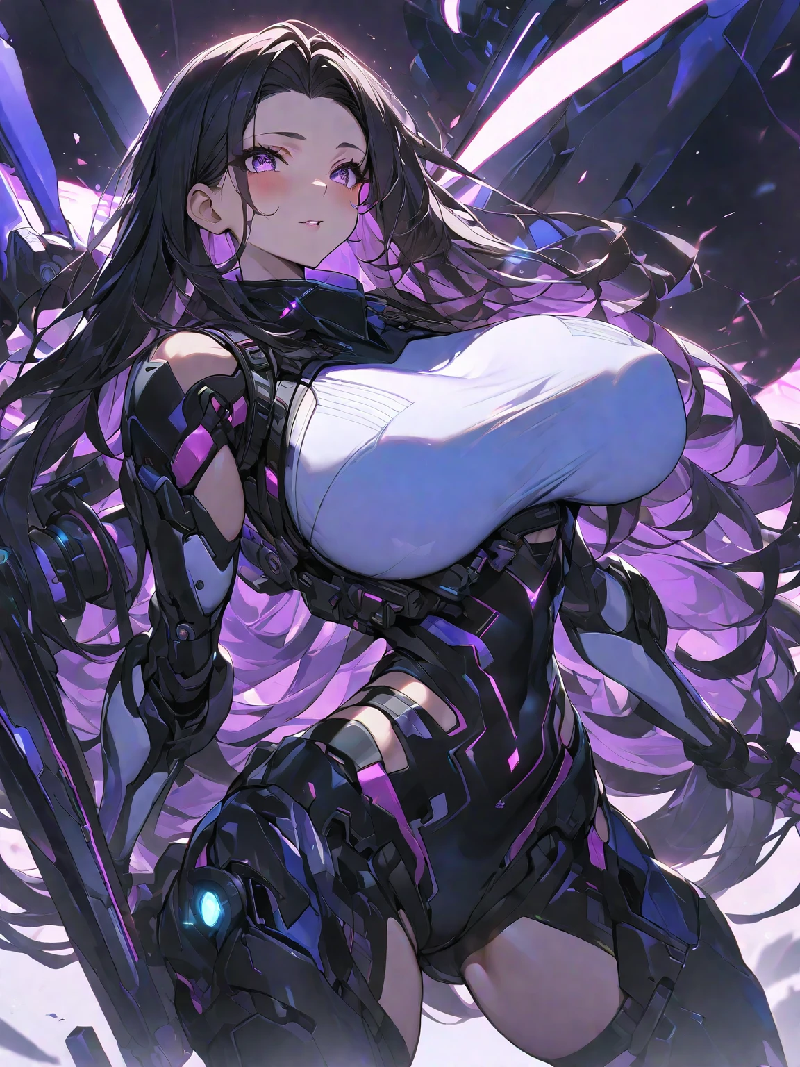 One, beautiful, 1 woman, with a sporty body, black exoskeleton with glowing purple details, long hair, black hair, purple eyes, with big breasts(huge), purple threads, black light