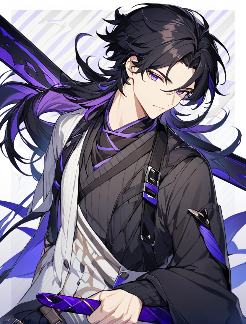 A stunning animie male with Black hair. His eyes are practically covered with his hair. His eyes are two diffrent colors, one blue, one purple. He has casual clothes on with a long sword