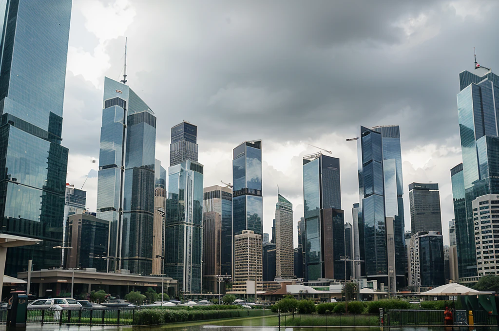green skyscrapers, modern style. daytime cloudy sky. rainy