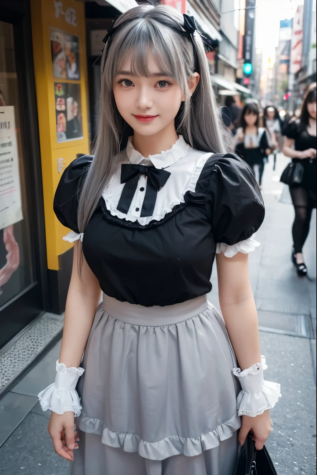 Knee、(1 girl)、20th Generation、(Take in the view)、((smile))、((black eye))、((Light silver ash hair))、(Straight bangs)、((Gothic Lolita Fashion_Short sleeve black dress_Long skirt))、Frills、(Collar and bow tie)、(White cuffs)、Lip gloss、Purelos Face_v1、Glow Eyes、(Highest quality、Photorealistic:1.25、Ultra-detailed、High resolution、8K)、(Beautiful and delicate eyes、Delicate and beautiful face、Delicate and beautiful hair)、Perfect body、 Big Breasts、valley、Daytime、Harajuku、Shopping at Takeshita Street