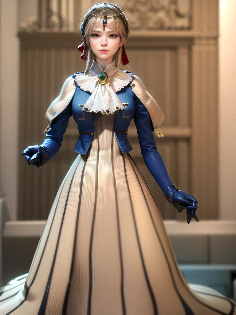 Great Joy:1.3, masterpiece, Highest quality, High resolution, Violet Evergarden, Braiding, Hair Ribbon, Red ribbon, jewelry, White Ascot, brooch, Blue jacket, Long sleeve, Brown gloves, White Dress, Long dress, Are standing, Cowboy Shot, Outdoor, unity 8k wallpaper, (figure:0.8), (Beautiful attention to detail:1.6), Highly detailed face, Perfect lighting, Highly detailed CG, (3D Face:1.1), (Shiny skin:1.5), (超High resolution intricate face details), (Facial skin pores:1.3), 超High resolution cloth texture