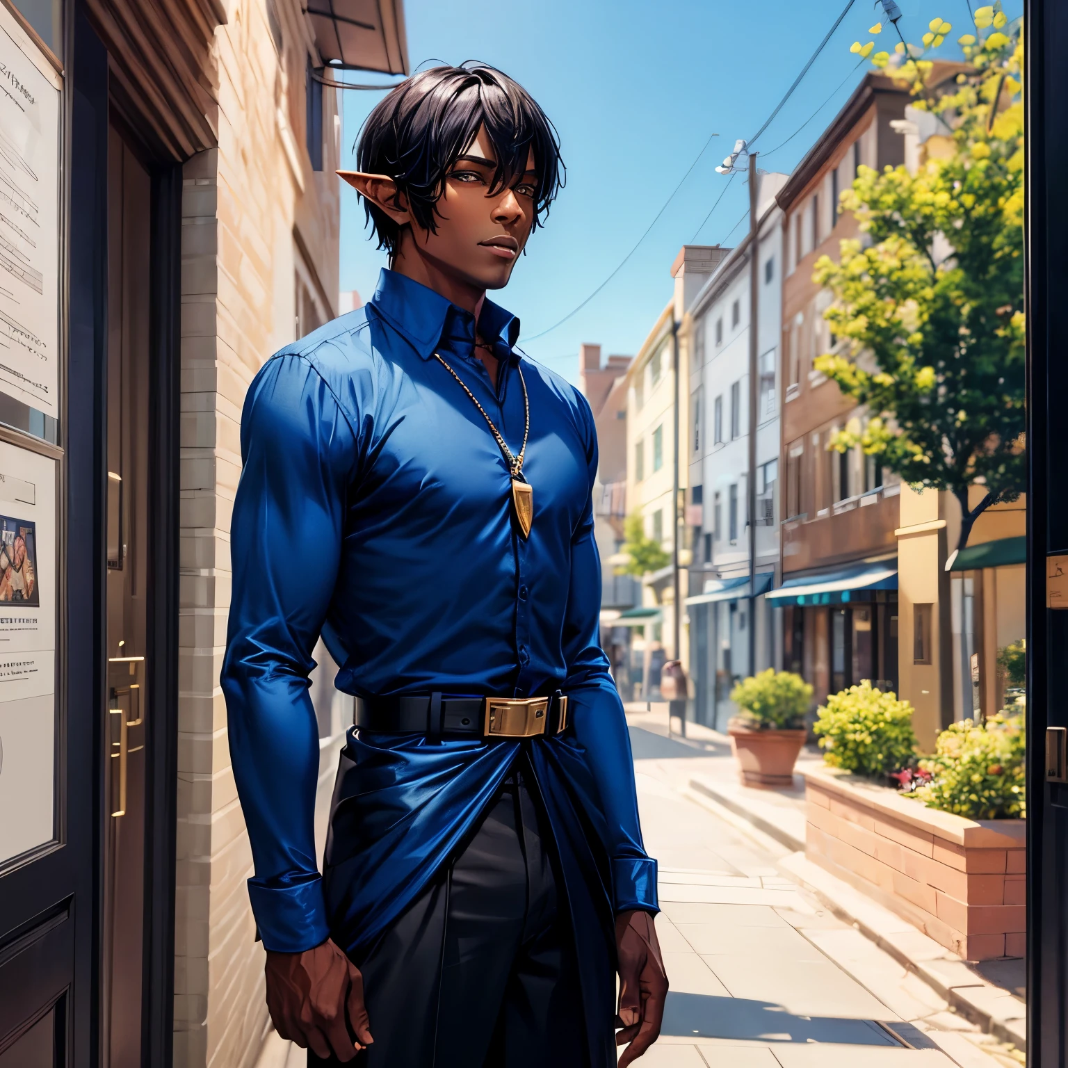 a black elf man wearing a blue shirt standing outside his out