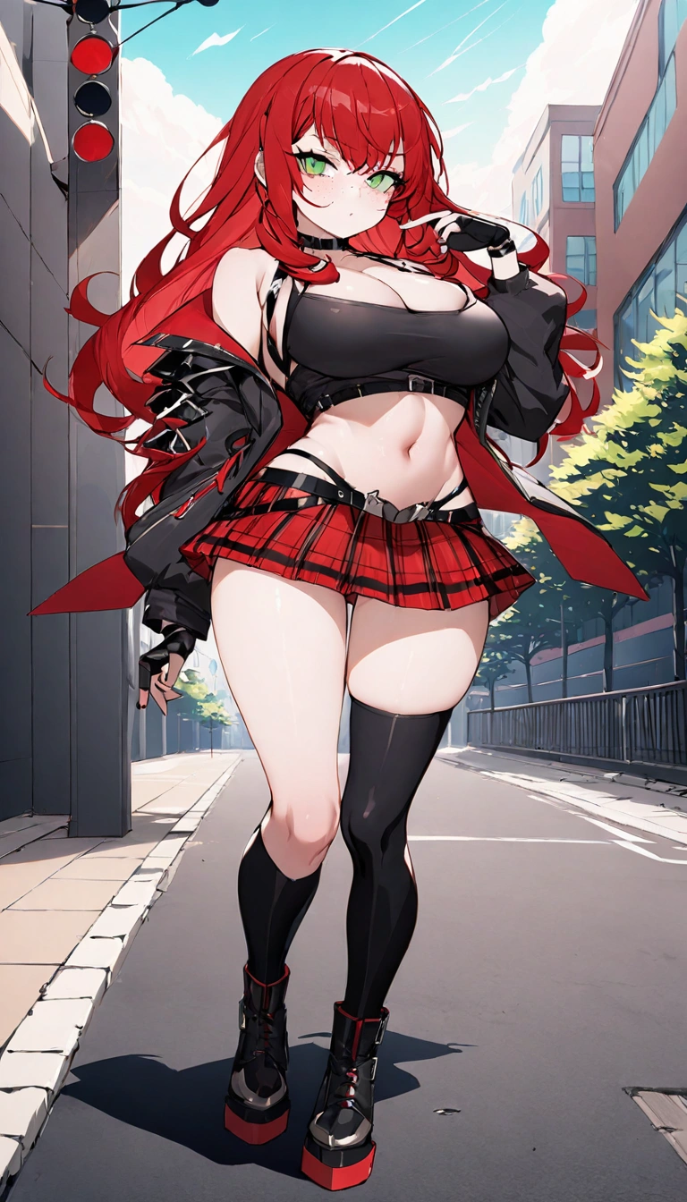 woman, curly red pixie cut hair, green eyes, wearing crop top black shirt, long black jacket, red plaid skirt, (black knee high boots), black fingerless gloves, exposed shoulders, large breasts, freckles, cleavage, looking at viewer, masterpiece, best quality, Holo-Punk Style, (full body)