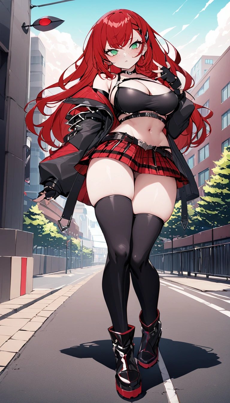 woman, curly red pixie cut hair, green eyes, wearing crop top black shirt, long black jacket, red plaid skirt, (black knee high boots), black fingerless gloves, exposed shoulders, large breasts, freckles, cleavage, looking at viewer, masterpiece, best quality, Holo-Punk Style, (full body)