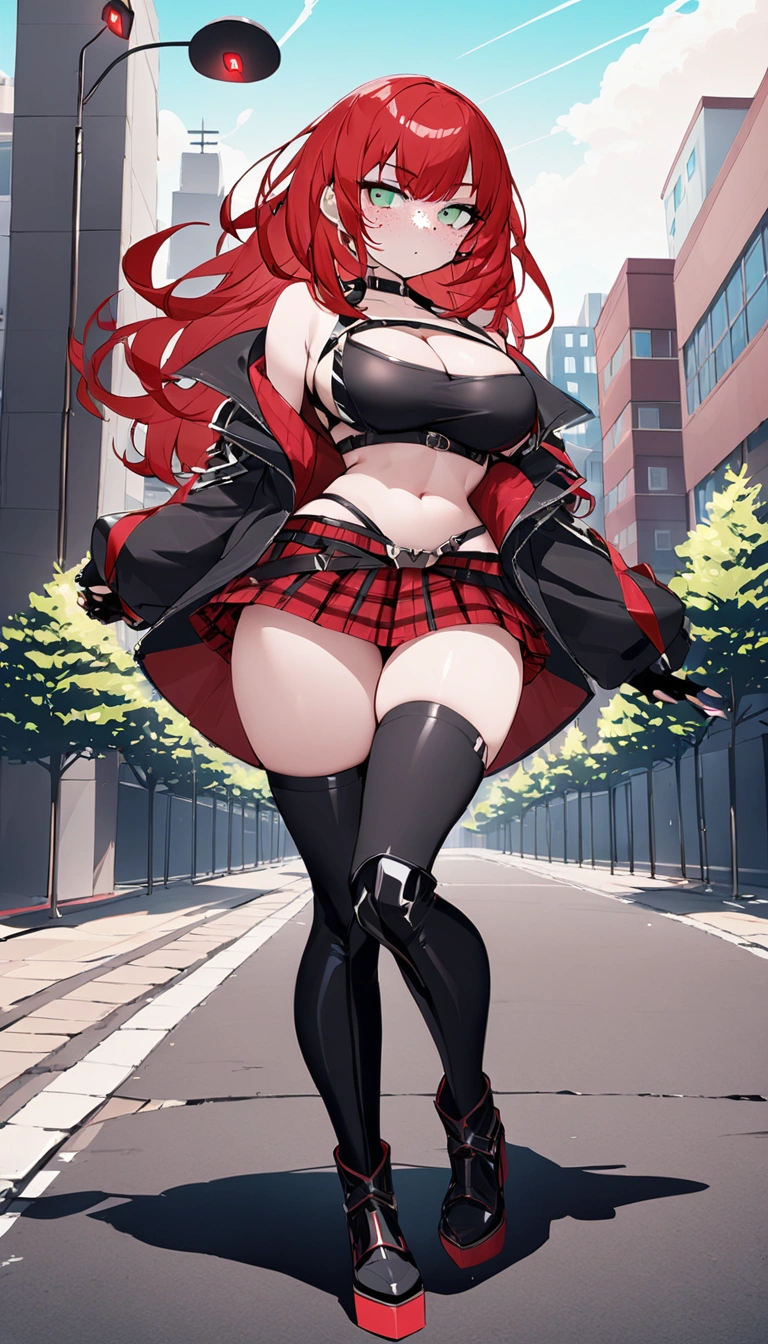 woman, curly red pixie cut hair, green eyes, wearing crop top black shirt, long black jacket, red plaid skirt, (black knee high boots), black fingerless gloves, exposed shoulders, large breasts, freckles, cleavage, looking at viewer, masterpiece, best quality, Holo-Punk Style, (full body)