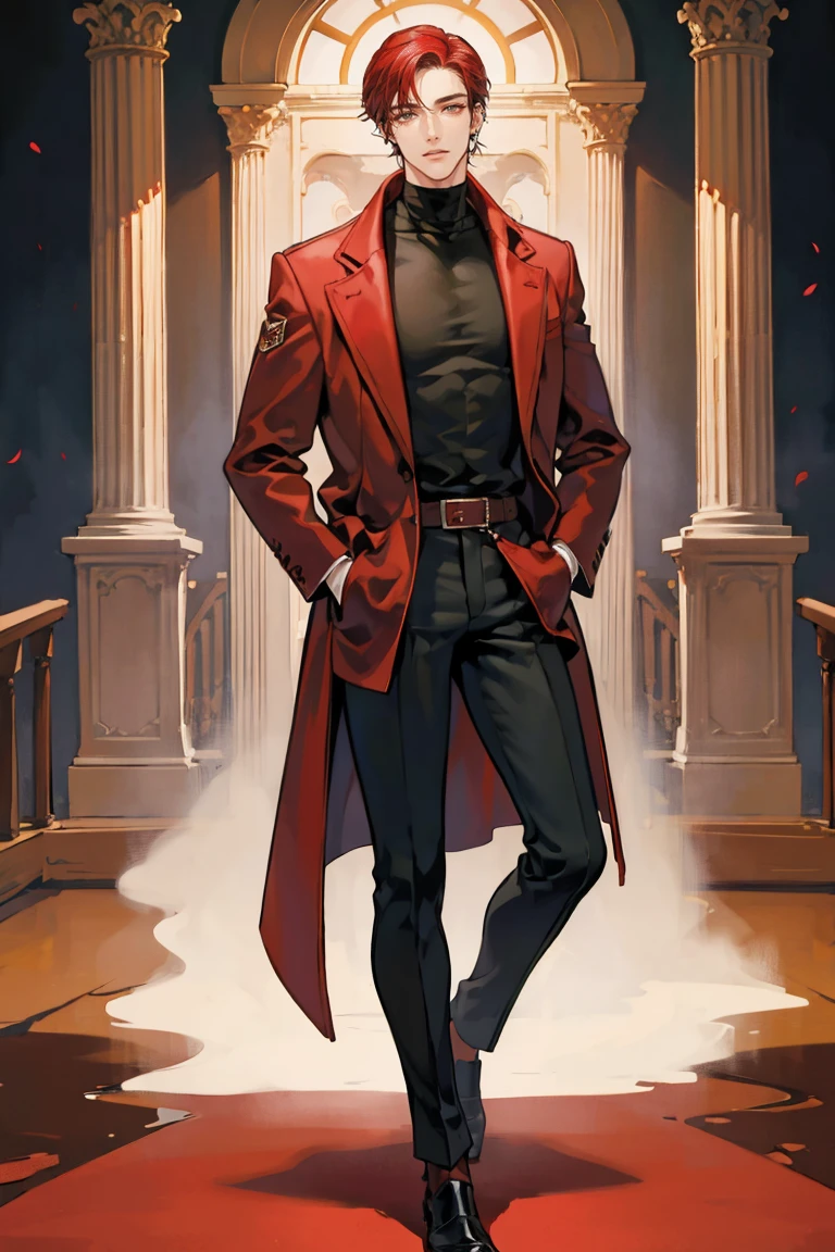 (masterpiece), best quality, seductive eyes, perfect face, handsome man, brown eyes, long slicked back red hair, long nose, tan brown skin, plain black turtleneck, red coat, black fitted pants, extremely tall man, long legs, long calves, full body, tall man, long legs, anime cover, 1boy, ear piercings, hands in pockets, adult-like look
