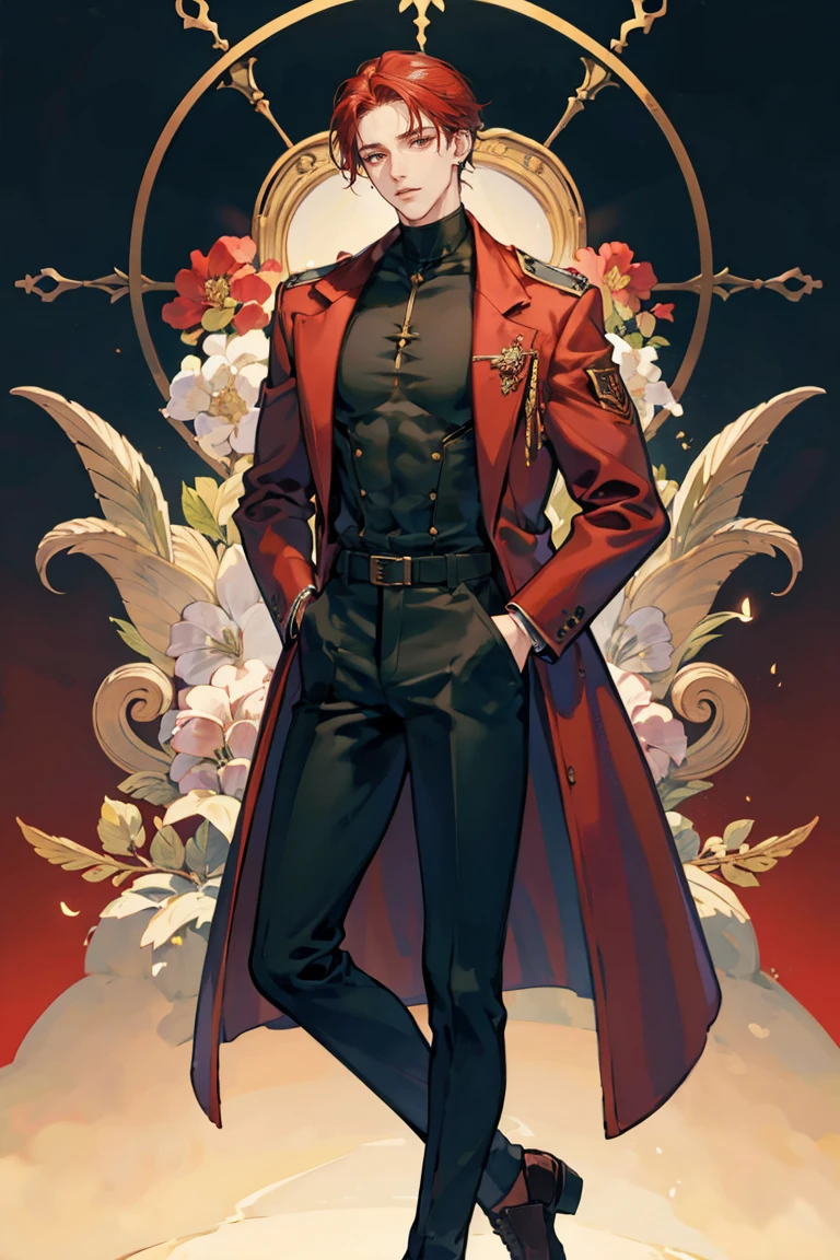 (masterpiece), best quality, seductive eyes, perfect face, handsome man, brown eyes, long slicked back red hair, long nose, tan brown skin, plain black turtleneck, red coat, black fitted pants, extremely tall man, long legs, long calves, full body, tall man, long legs, anime cover, 1boy, ear piercings, hands in pockets, adult-like look