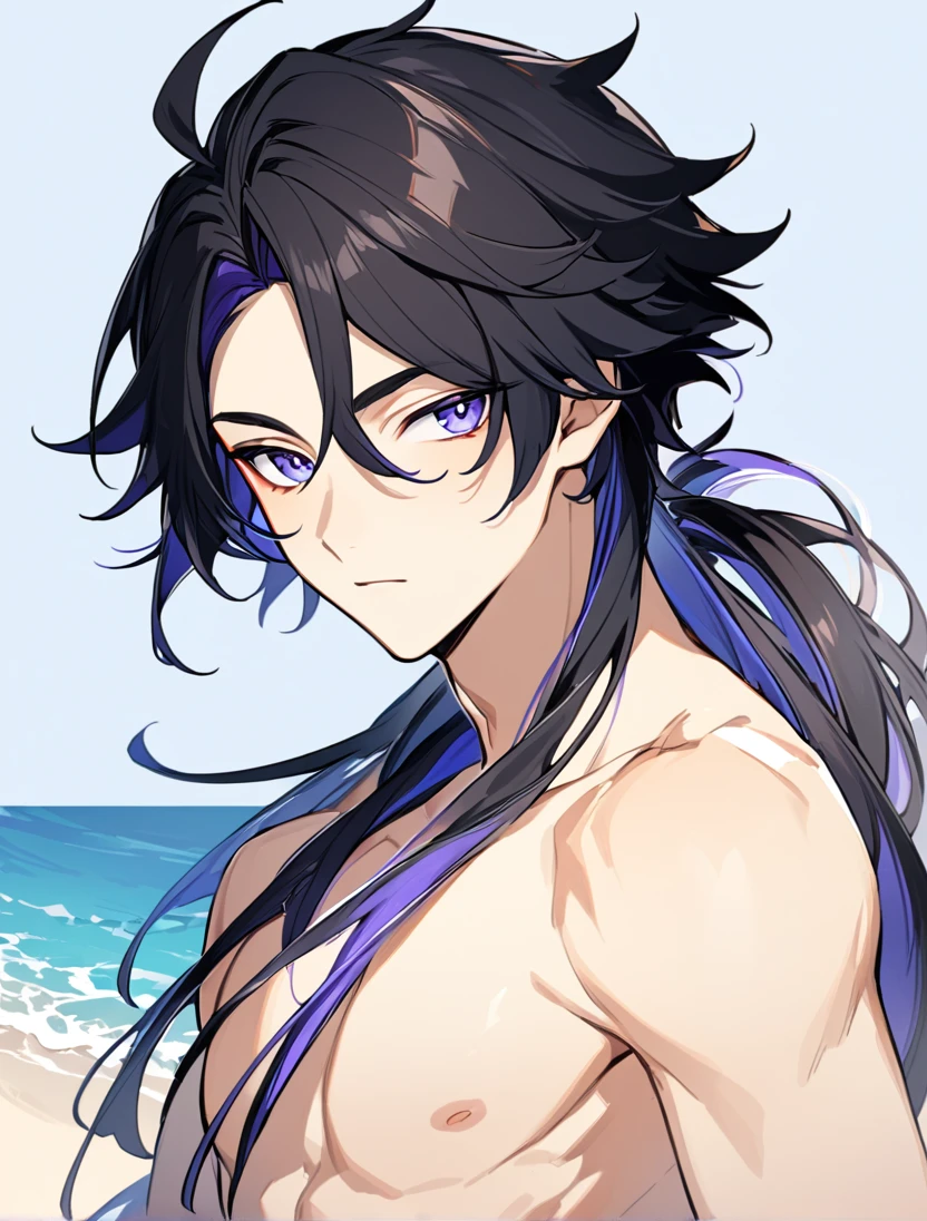 A stunning animie male with Black hair. His eyes are practically covered with his hair. His eyes are two diffrent colors, one blue, one purple. He is on the beach walking around shirtless