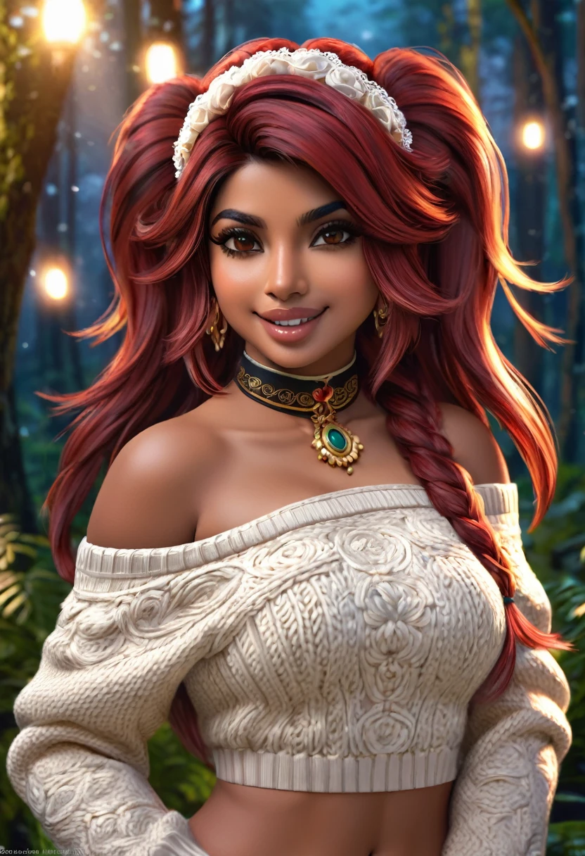 masterpiece, best quality, highly detailed, 1girl, solo, twintails, off-shoulder sweater, cherry red hair. choker, jacket, hairband, looking at viewer, smile, blush, Wide Smile, Eyes Detailed & Wide, sexy Pose. CHOCOLATE COMPLEXION, Ultra HD, Rococo-Inspired Fantasy Art With Intricate Details. Cute, Charming Expression, Alluring-Gaze, looking at viewer Beautiful Eyes, An-Ideal-Figure. Large Youthful Well-Shaped-Breasts, Massive-Round-Bosom, Décolletage. slim waist, fit body, full lipsWarm lights , woman in a dreamy forest at night, with fluffy hair, delicate face, realistic, real, slim, large aperture, sexy shots, attractive poses,Stunnin gly beautiful merge of Priyanka Chopra, symmetrical face, photorealistic, photography, path tracing, specular lighting, volumetric face light, path traced hairmaximum quality{(masutepiece) (8K High Resolution) (top-quality) In the style of breath of the wild.