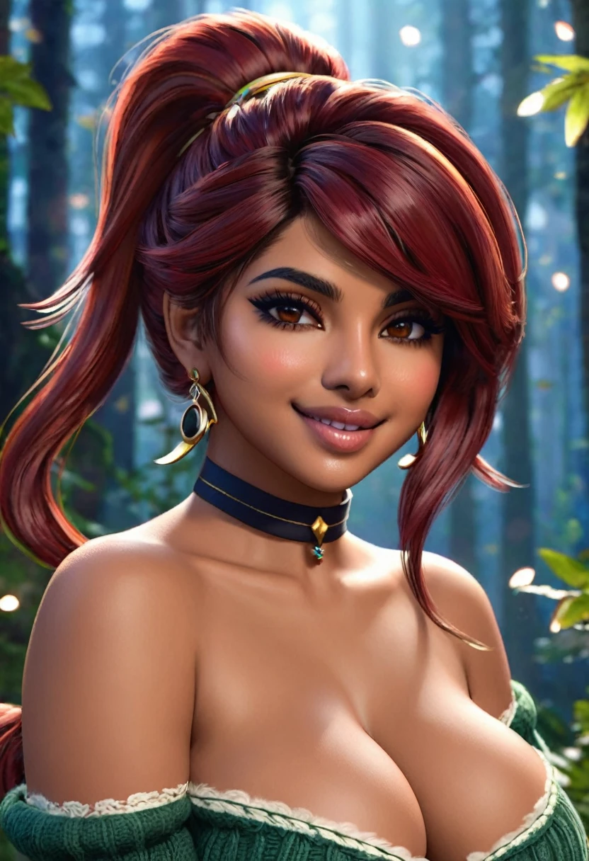 masterpiece, best quality, highly detailed, 1girl, solo, twintails, off-shoulder sweater, cherry red hair. choker, jacket, hairband, looking at viewer, smile, blush, Wide Smile, Eyes Detailed & Wide, sexy Pose. CHOCOLATE COMPLEXION, Ultra HD, Rococo-Inspired Fantasy Art With Intricate Details. Cute, Charming Expression, Alluring-Gaze, looking at viewer Beautiful Eyes, An-Ideal-Figure. Large Youthful Well-Shaped-Breasts, Massive-Round-Bosom, Décolletage. slim waist, fit body, full lipsWarm lights , woman in a dreamy forest at night, with fluffy hair, delicate face, realistic, real, slim, large aperture, sexy shots, attractive poses,Stunnin gly beautiful merge of Priyanka Chopra, symmetrical face, photorealistic, photography, path tracing, specular lighting, volumetric face light, path traced hairmaximum quality{(masutepiece) (8K High Resolution) (top-quality) In the style of breath of the wild.