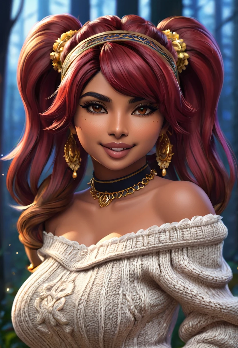 masterpiece, best quality, highly detailed, 1girl, solo, twintails, off-shoulder sweater, cherry red hair. choker, jacket, hairband, looking at viewer, smile, blush, Wide Smile, Eyes Detailed & Wide, sexy Pose. CHOCOLATE COMPLEXION, Ultra HD, Rococo-Inspired Fantasy Art With Intricate Details. Cute, Charming Expression, Alluring-Gaze, looking at viewer Beautiful Eyes, An-Ideal-Figure. Large Youthful Well-Shaped-Breasts, Massive-Round-Bosom, Décolletage. slim waist, fit body, full lipsWarm lights , woman in a dreamy forest at night, with fluffy hair, delicate face, realistic, real, slim, large aperture, sexy shots, attractive poses,Stunnin gly beautiful merge of Priyanka Chopra, symmetrical face, photorealistic, photography, path tracing, specular lighting, volumetric face light, path traced hairmaximum quality{(masutepiece) (8K High Resolution) (top-quality) In the style of breath of the wild.
