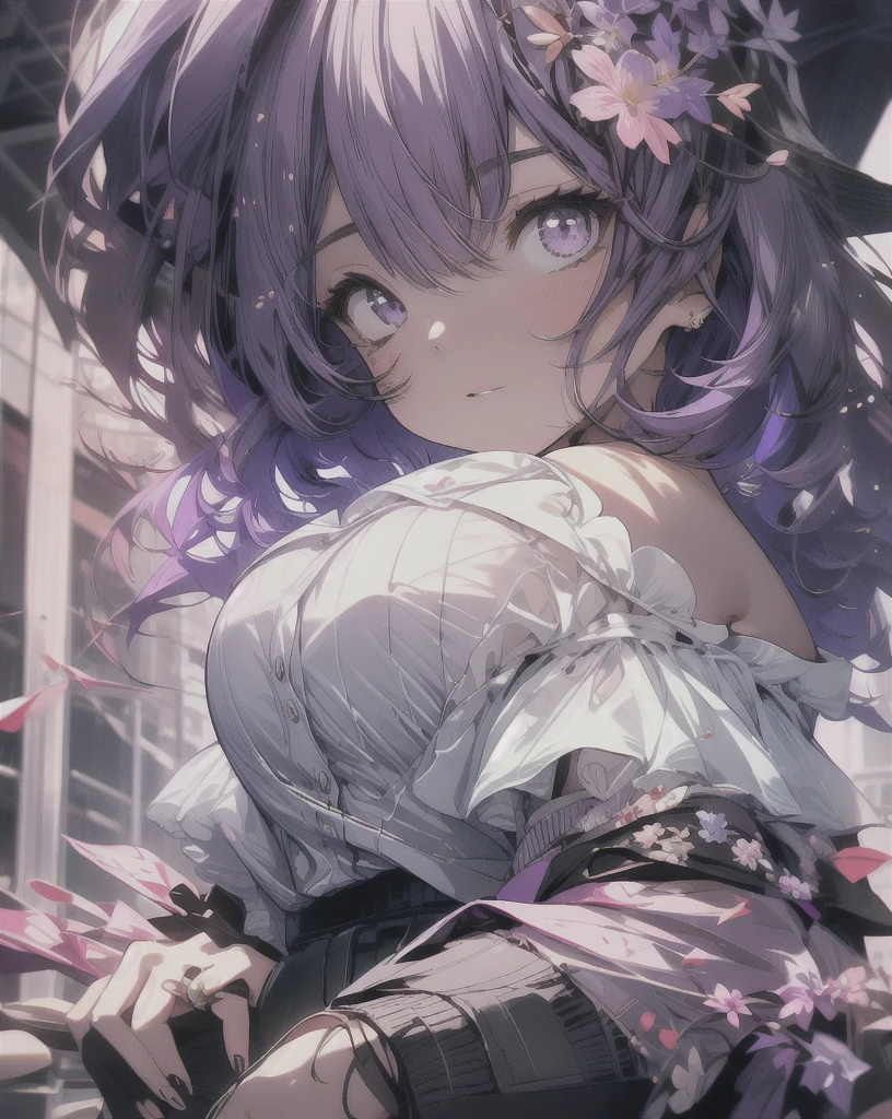 cowboy shot, ((no hat:1.3)), (8K, Highest quality, Highest quality, masterpiece), round chin, big breasts, wide hips, beautiful detailed face, detailed eyes, One girl, alone, cute, short bob hair, purple hair, Off the shoulder:1.2, street, purple jacket, white and black shirt, black short pants, beautiful fingers, purple nail, five fingers on each hand, hands on hips, put your hands in your pockets, purple theme,