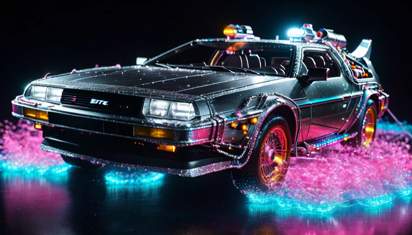 back to the future,timemachine,very fine details,Shiny body,Floating,neon,Very fine LED particles,A body covered in light particles,Concentrated line,radiation,8K,RAW Photos,Highest quality,masterpiece,reality,Very detailed,bfdlrn,