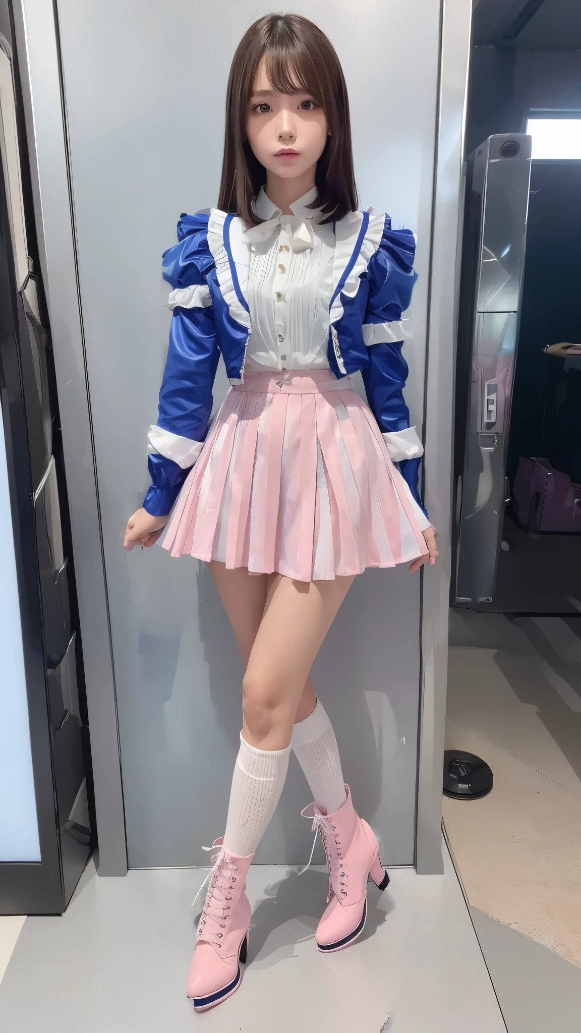 Costume like a idol, blue and white half sleeve Jacket, pink satin ruffled blouse, White and pink stripe pleated skirt, white lace up boots