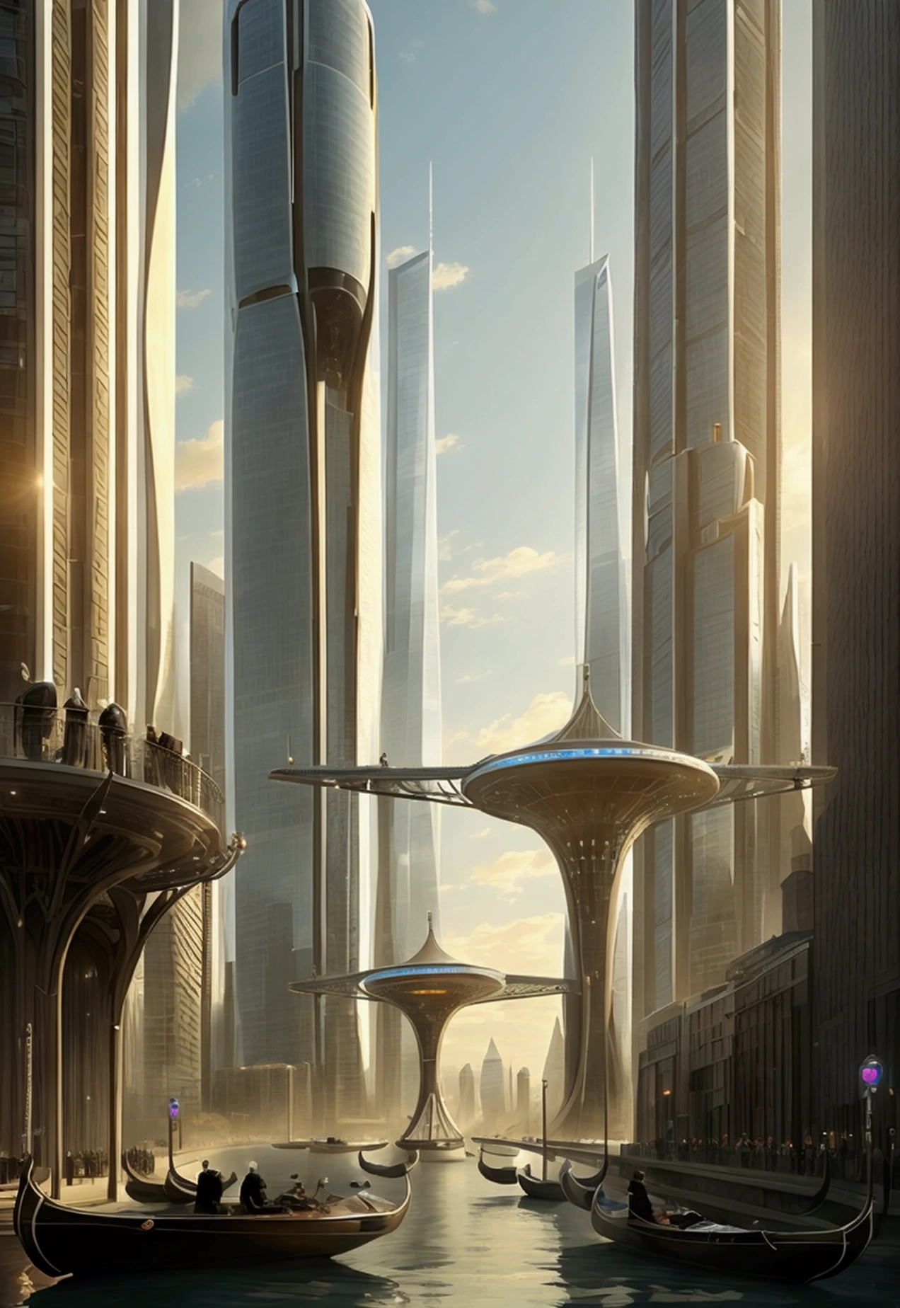 Futuristic gondolas over two high-rise towers in a big city