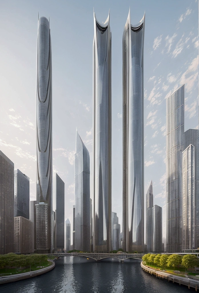 Futuristic gondolas over two high-rise towers in a big city