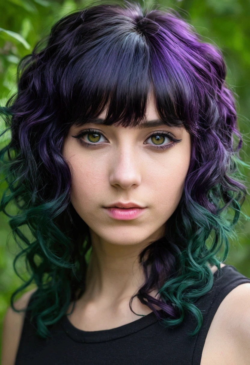 Dark eyed girl, curly black hair, shaggy hair curto. Half of the left side of the bangs dyed eggplant purple and forest green hair highlights.