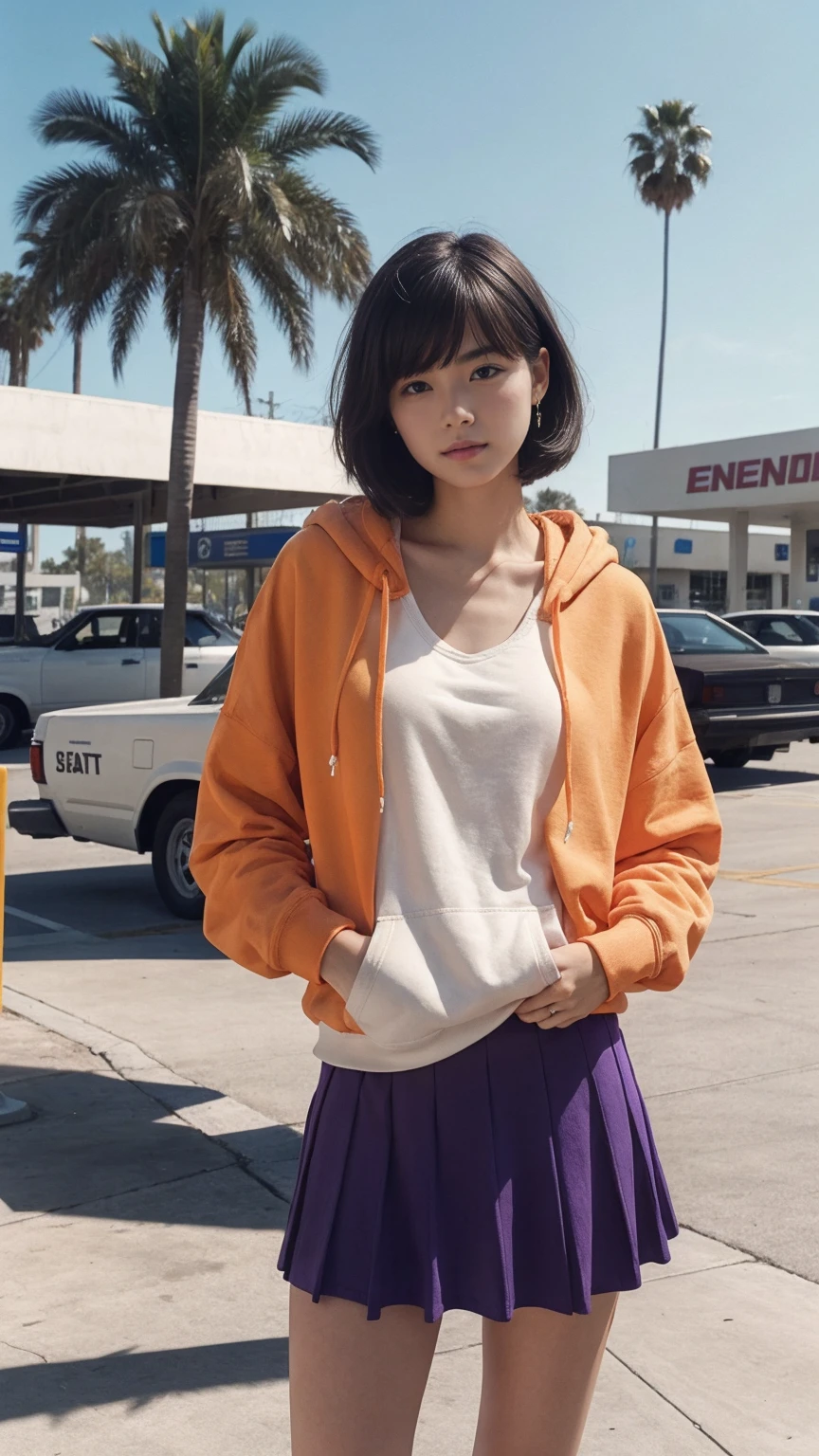 (medium long shot) portrait of cute 23 yo girl ,wear ((orange color oversized_hoodie)), wear ((purple tennis skirt)),looking front,Best Quality,Masterpiece,Ultra High Resolution,(Realisticity:1.4),Original Photo, 1Girl, light leak,ultra high resolution,UHD,beautiful, (black bob hair), almond eye, no makeup, in front of ((80's los angels gas station)), (realistic:1.2), (surreal:1.3), (very detailed:1.1), ((masterpiece)),summer, blue sky, palm trees,sunny, los angles vibes,film camera, 800mm lens,style of Philip Lorca diCorcia