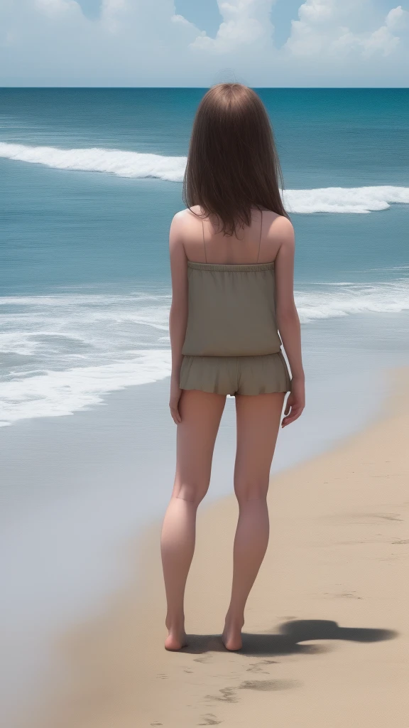 Girl stands with legs wide apart on the beach