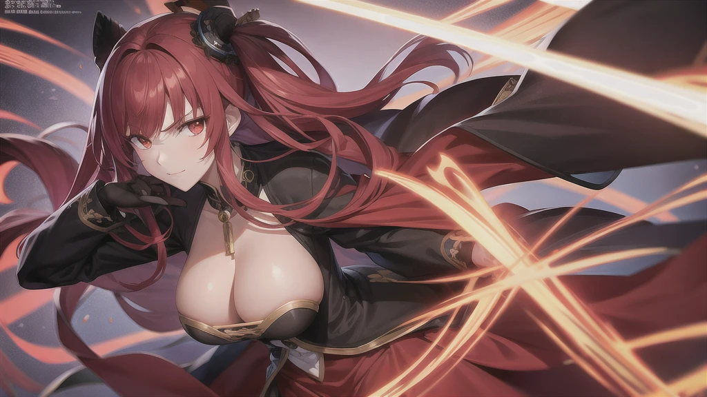 red hair, black jacket with red undertones, white dress, deep orange eyes, only one person, smug look, mature and older look, animemanga girl, detailed key animation art, changli from wuthering waves