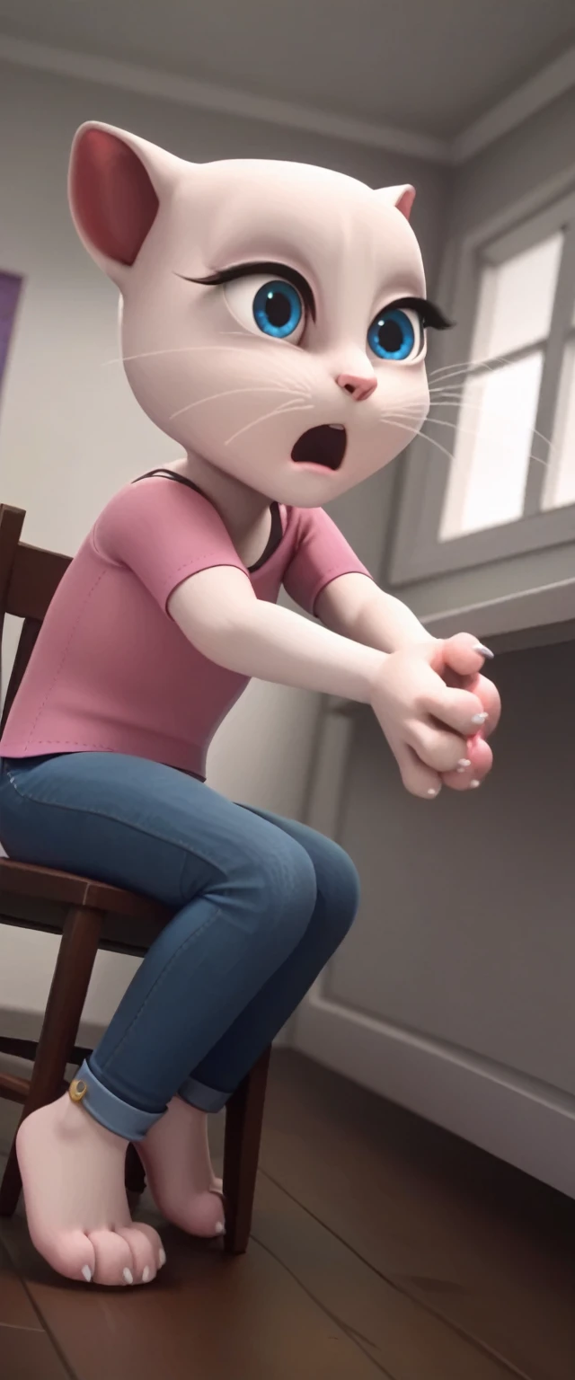 1 girl 1 human. a_la, 1girl, cat, white fur, long whiskers on both sides of the face, large bright blue eyes, large black eyelashes, small pink nose, triangular ears with pink channels, female . side view , anal. screaming hart sex .jeans pulled down position fuck. anus. anal. position focus view. Sit on the edge of the bed or on a chair with your feet on the floor. The woman turns her back to you and leans against you, sitting between your legs. Goes back and forth by holding the arms of the chair or pushing it with his feet. She can control the angle of entry by bending her back and pressing her hips against your crotch.