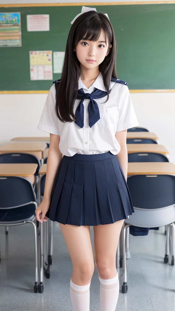 Alone, high school girl, natural figure, white skin, natural makeup, black hair, bangs, straight long hair, skirt rolled up, high , navy blue pleated skirt, please sit, legs open, small size pure white panties, ((upper body is in uniform)), school classroom, looking at camera, white socks, black loafers, full body photo