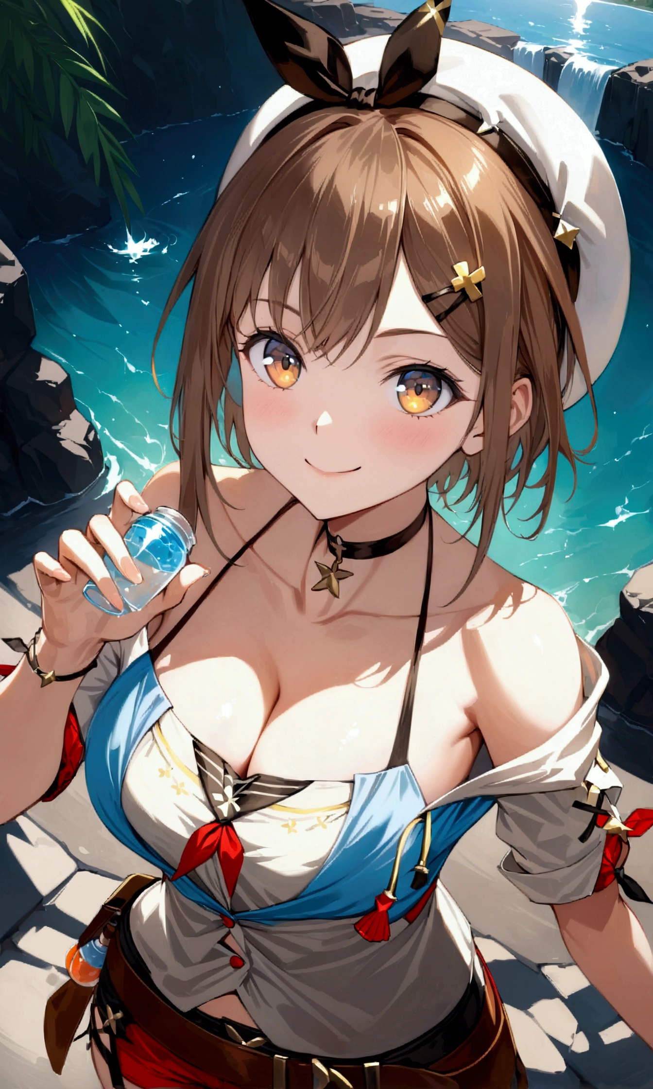 score_9, score_8_up, score_7_up,,,rating_safe. BREAK ,dynamic angle ,soro focus,standing,,(upperbody),looking_at_viewer ,1girl, reisalin stout, choker, beret, hair ornament, hairclip, cleavage, short sleeves, bare shoulders, single glove, belt, short shorts, outdoors, solo, days, smile, (masterpiece), (best quality), (ultra-detailed),superfineillustration , perfect composition, intricate details, moist skin, intricate details, HDR,holding drinkwater,