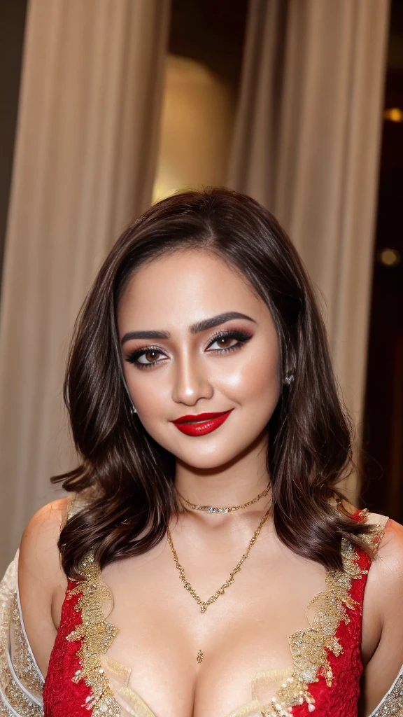 instagram photo, closeup face photo of 23 y.o Chloe in kebaya, Red Lipstick, sensual Lipstick, Sensational Make Up, cleavage, pale skin, (smile:0.4), hard shadows, Red G-STRING