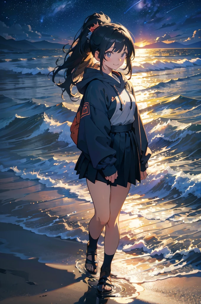 (masterpiece), (high resolution 8K), professional illustration,(1 girl:1.3), late teenage,walking , thigh focus, dutch angle, japanese clothes, hoody, mini-skirt , hair ornament,ponytail, smile, looking up,on the beach,(Quiet Waves), beautiful starry sky, night,natural lighting, high contrast, stunning face, symmetrical clear eyes, detailed eyes and face, detailed skin