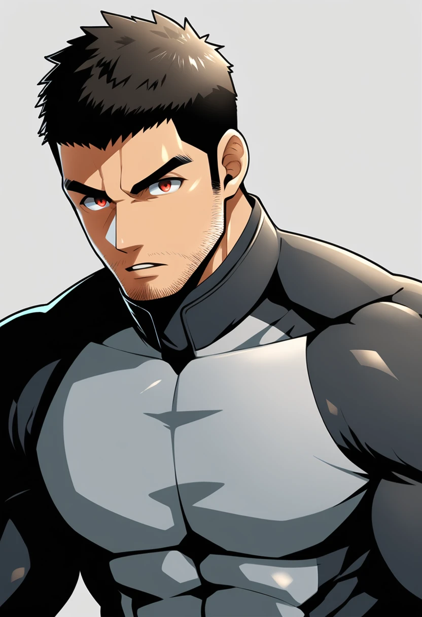 anime characters：Chris Redfield, Muscle Sports Student, Manliness, male focus, Dark Balck high collar long sleeve bodysuit, Slightly transparent material, Very tight, Round, full and perky chest muscles, Slightly transparent, muscular male, muscular, only, Upper body, alone, Black short hair, Thick eyebrows, stubble, Brown-red pupils, Grey background, simple background, amazing quality, best aesthetics, Ridiculous, crew cut, parted lips, v-shaped eyebrows, jitome, best quality