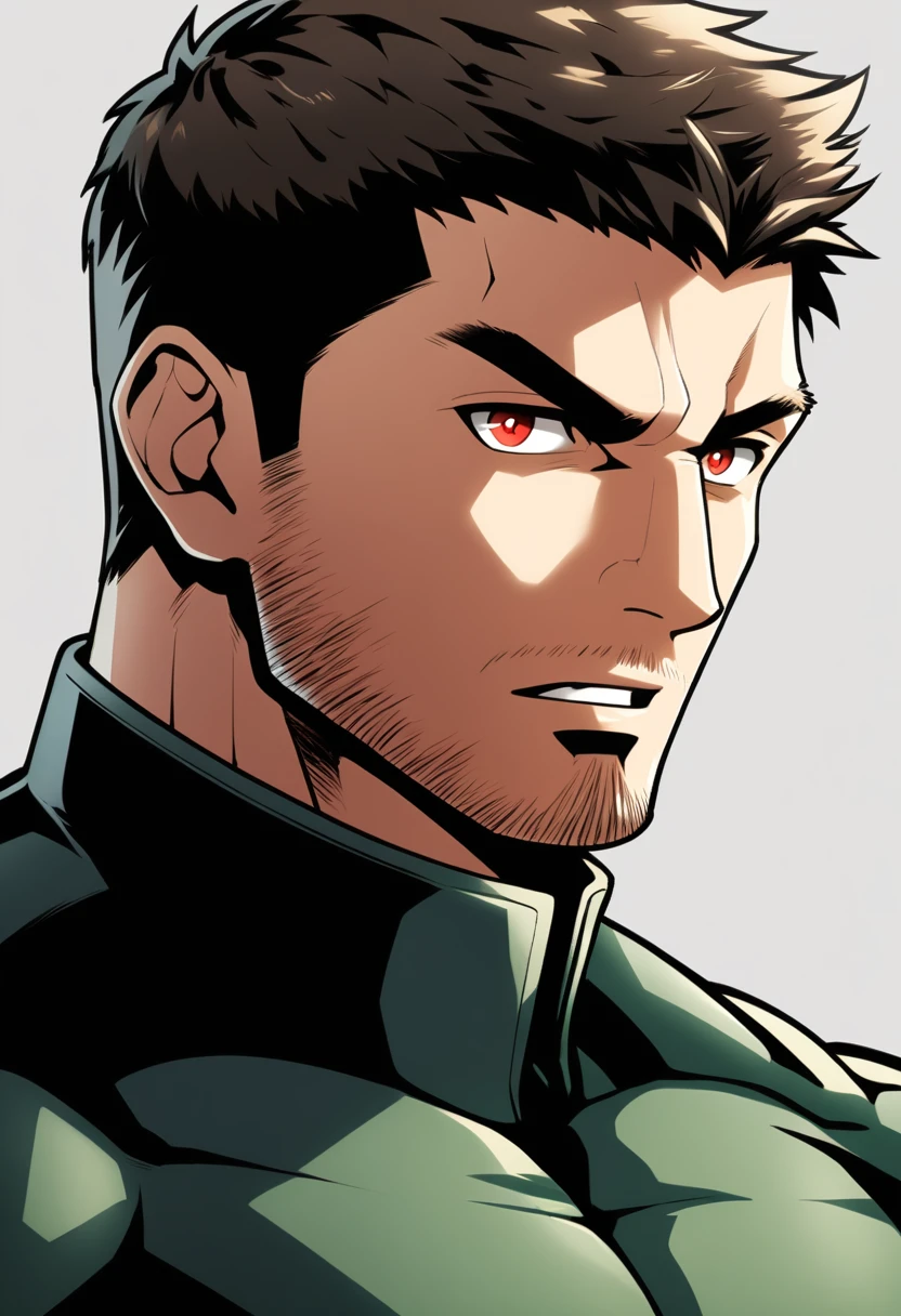 anime characters：Chris Redfield, Muscle Sports Student, Manliness, male focus, Dark Balck high collar long sleeve bodysuit, Slightly transparent material, Very tight, Round, full and perky chest muscles, Slightly transparent, muscular male, muscular, only, Upper body, alone, Black short hair, Thick eyebrows, stubble, Brown-red pupils, Grey background, simple background, amazing quality, best aesthetics, Ridiculous, crew cut, parted lips, v-shaped eyebrows, jitome, best quality