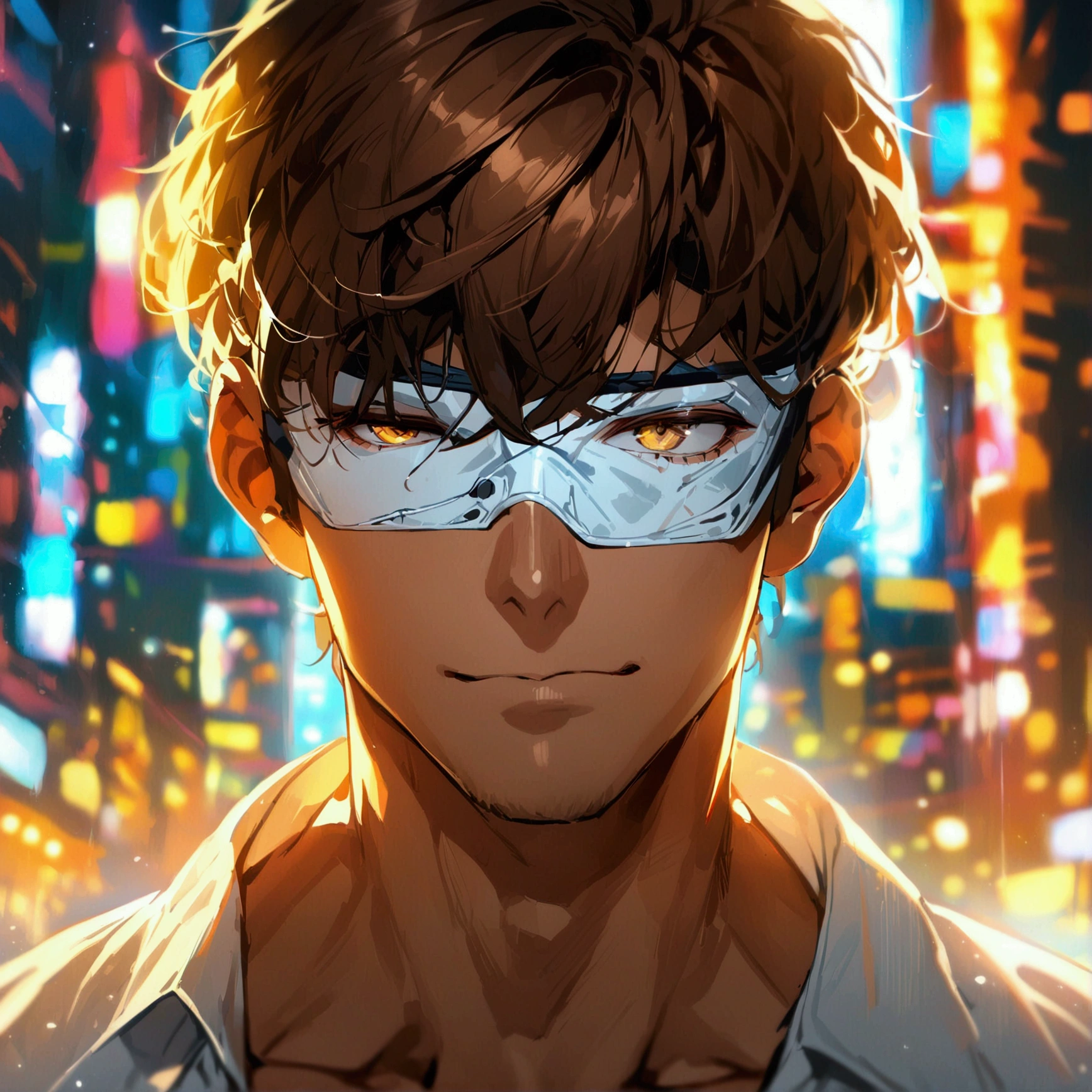((masterpiece)), ((best quality)), (from front), (close-up:1.2), (head-shot:1.2), perfect anatomy, 1man, solo, adult man, brown hair, yellow eyes, one eye covered, eyepatch, white shirt, weak smile
