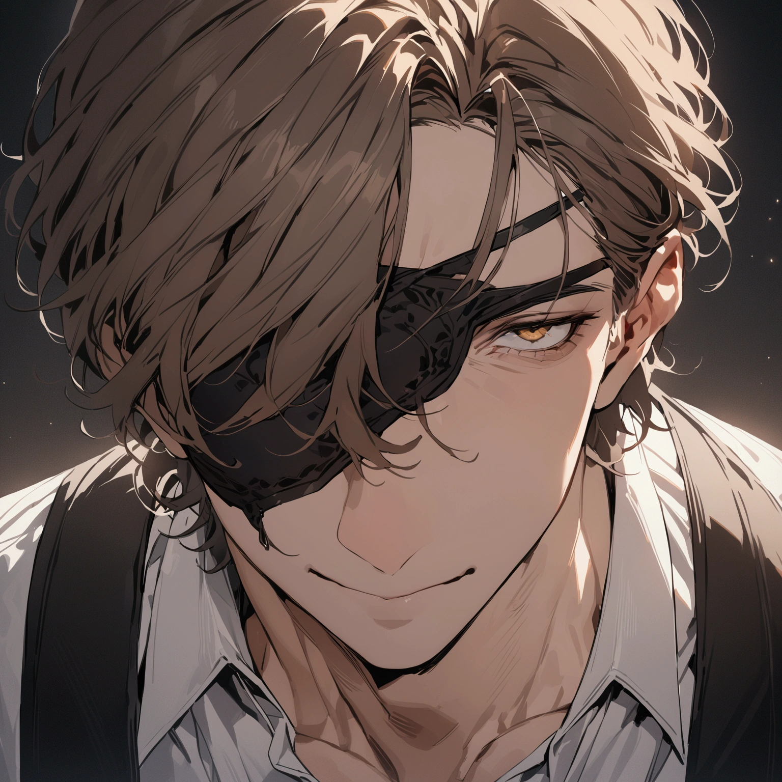 ((masterpiece)), ((best quality)), (from front), (close-up:1.2), (head-shot:1.2), perfect anatomy, 1man, solo, adult man, brown hair, yellow eyes, one eye covered, eyepatch, white shirt, weak smile