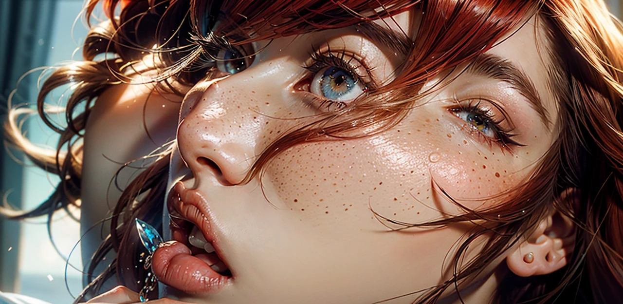 on the bed, Liying on your back, kissing lips, Facial Focus, skin wet, redhead, Blonde hair, freckles, long and straight hair, European youth, perfectbody, (face detailed:1.2), (detailedeyes:1.2), fashion photorealism, fot, sharpness, unique 850 4, Koda850 k portrait camera, F1.6 lenses, rich colour, hyper-realistic texture, spectacular light texture, SurrealArt, Cinestil 800 Fashion Mechanism,