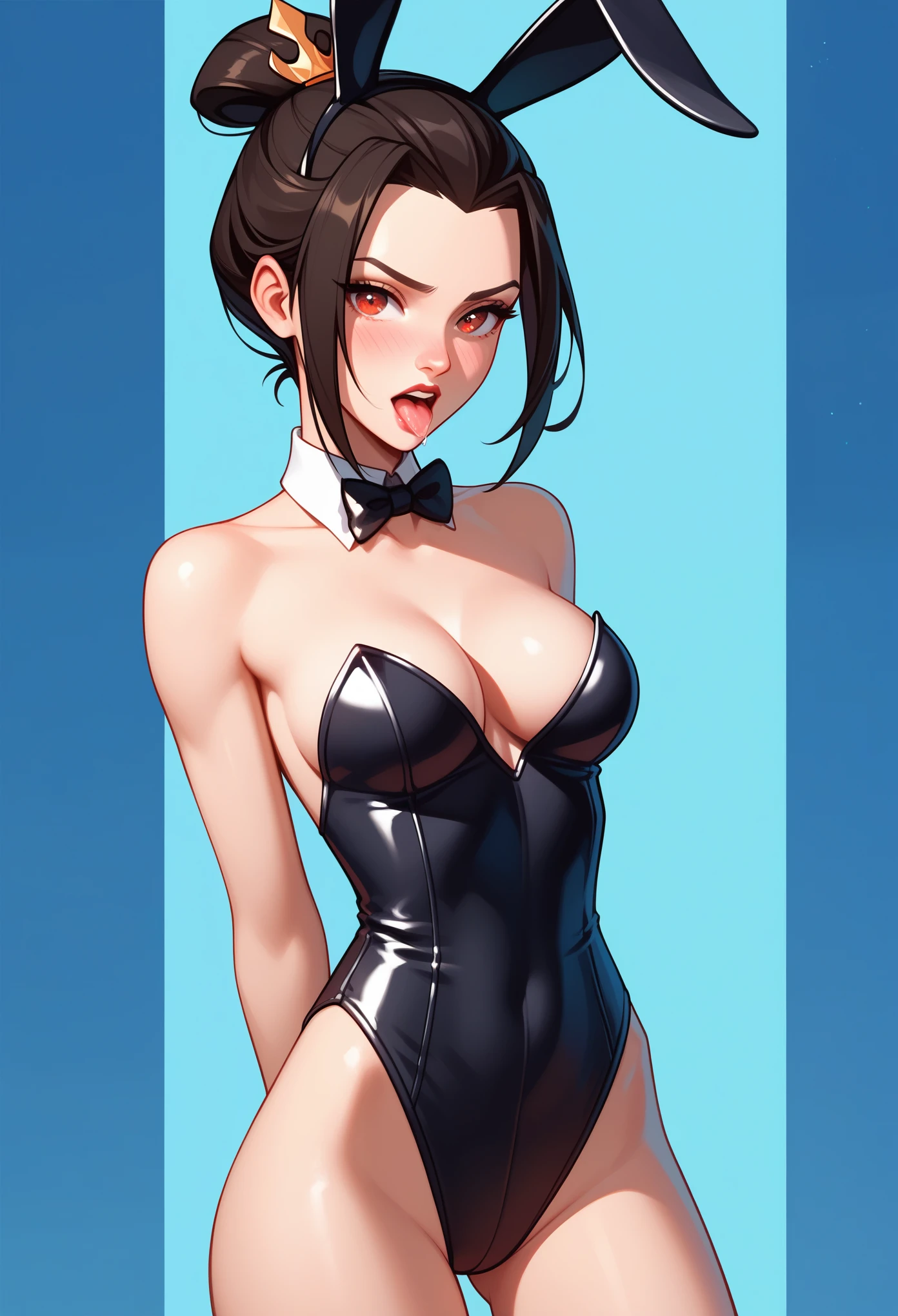 score_9, score_8_up, score_7_up, score_6_up, 1girl, solo, Azula Avatar The Last Airbender, perfect face, perfect eyes, sexy, sexy girl, beautiful eyes, body, perfect cute face, medium breasts, cleavage, blush, shy, playboy bunny, black leothard, squating, arms behind back, open mouth, tongue out, saliva, Expressiveh
