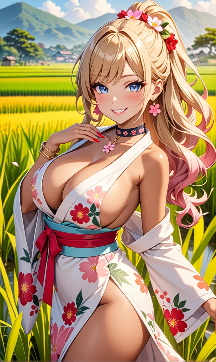 ultra-detailed, ((one girl)), (tan skin:1.6), in pastel colors gyaru, (heavy makeup), (professional lighting) hyper detailed, absurdres, 8K, Beautiful Face, (Laugh shyly), ((teasing smile:1.8)), ((Wink:1.7)), (Laugh with your mouth wide open),((Tilt your face:1.6)), View your viewers, ((Bright red cheeks:1.6)),Glossy Red Lips, ((Big Breasts:1.6)), ((undressing:1.2)), noon, Quaint countryside Rice Fields, ((Anime style background)),masterpiece, Highest quality, so beautiful,Latest, Complex details, ((Neon pink long nails)), (nail art), (ring),(bracelet), (Floral Choker),AI-generated, Complex,High resolution, Highest quality, super high quality,3D Images、3D Images,One person,Blonde long hair,(High Ponytail), (wavy hair:1.3), Blonde anime woman posing for a photo, ((Fine grain、blue eyes、glowing eyes:1.4)), (Squint your eyes:1.1),a hyperRealistic , hyperRealistic , Realistic,Anime woman with long pastel yellow hair, Smooth anime CG art, A girl in a gorgeous pastel-colored kimono, (sideboob), ((Pastel-colored furisode)),(Pink large floral pattern), Long flower hair ornament,Floral Earrings, Mature Body, tall,Narrow waist, ((from side))