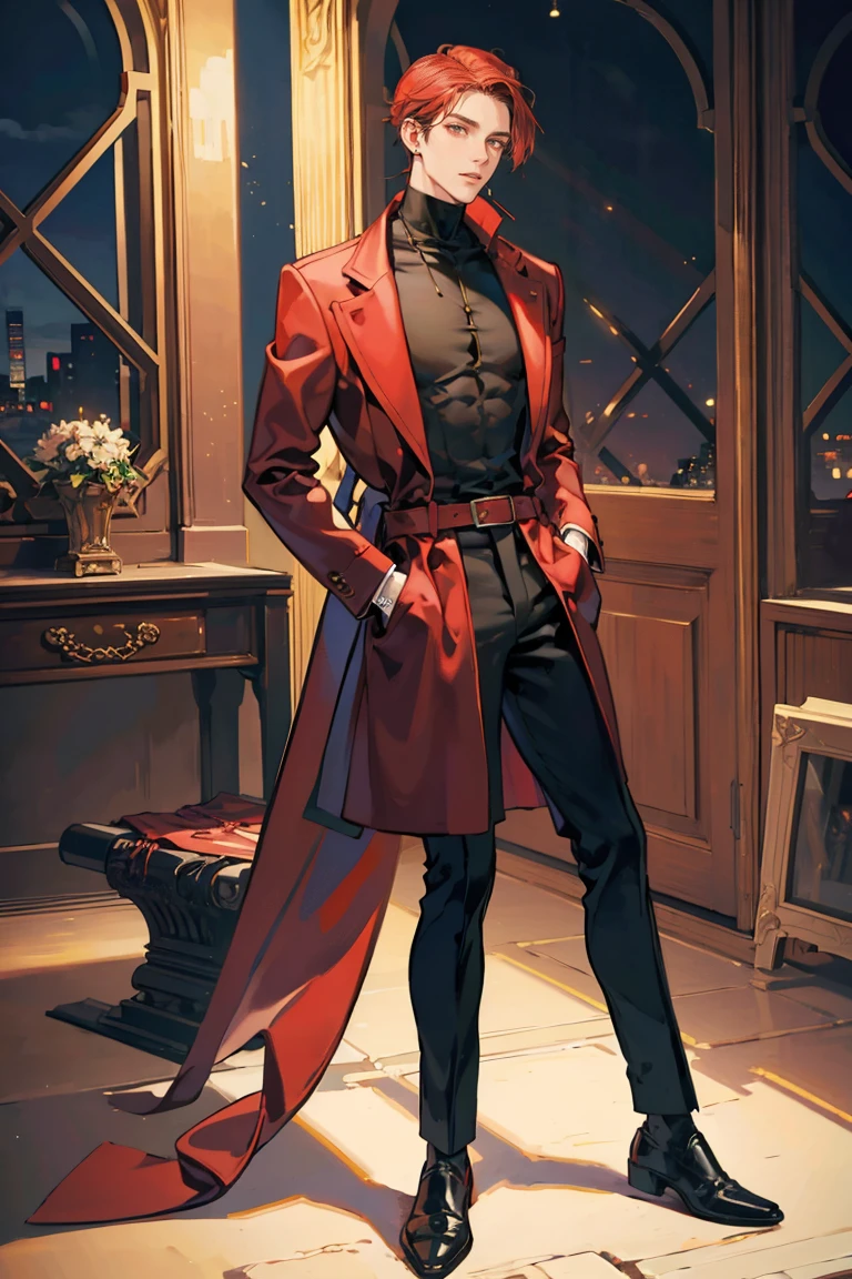 (masterpiece), best quality, seductive eyes, perfect face, handsome man, brown eyes, long slicked back red hair, long nose, tan brown skin, plain black turtleneck, red coat, black fitted pants, extremely tall man, long legs, long calves, full body, tall man, long legs, anime cover, 1boy, ear piercings, hands in pockets, adult-like look

