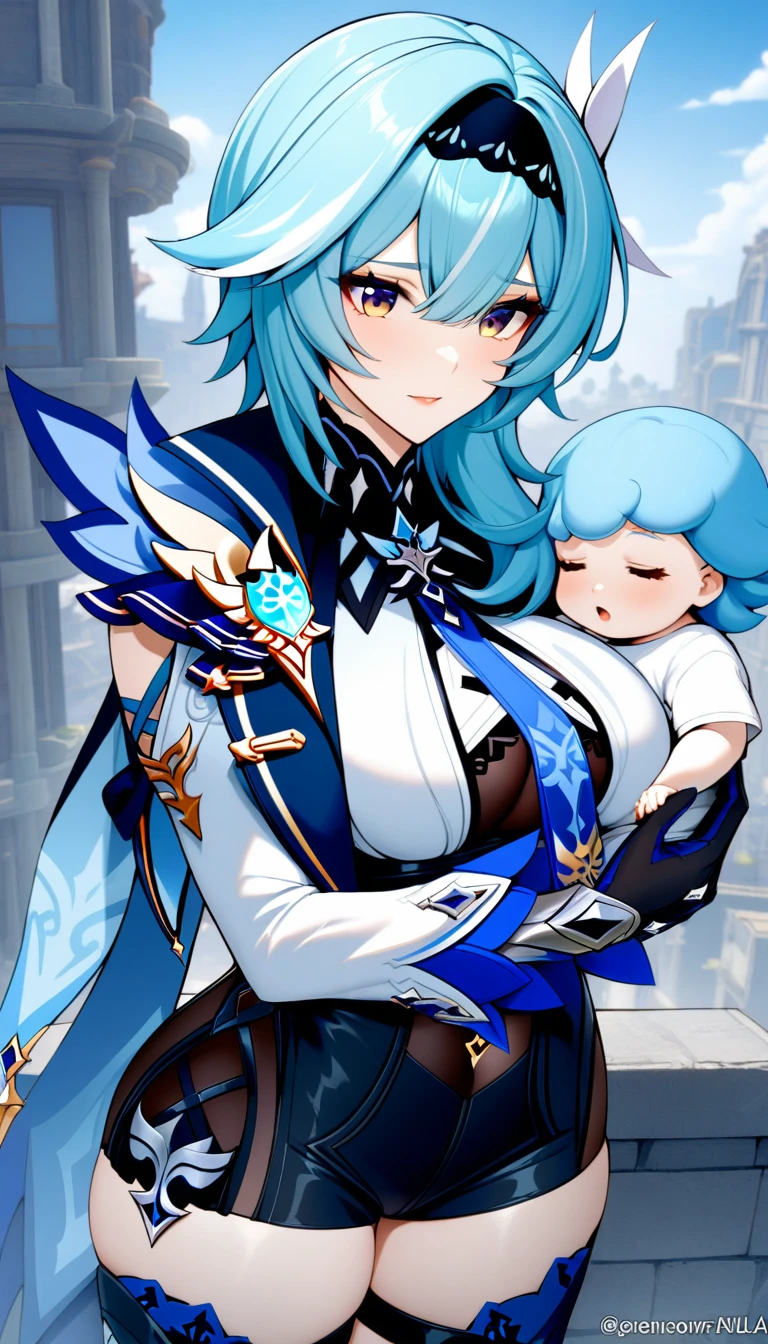 masterpiece, best quality, very aesthetic, absurdres, 1girl, mature_lady, hug a baby,baby,,eula_(genshin_impact), genshin_impact, blue_hair, brown_eyes, hair_ornament, hairband, black_hairband, sidelocks, medium_hair, large_breasts, black_leotard, black_gloves, white_shirt, shirt, blue_cape, cape, long_sleeves, thighhighs, black_thighhighs, underbust, belt, necktie,on the rooftop of a tall building,floating_hair
