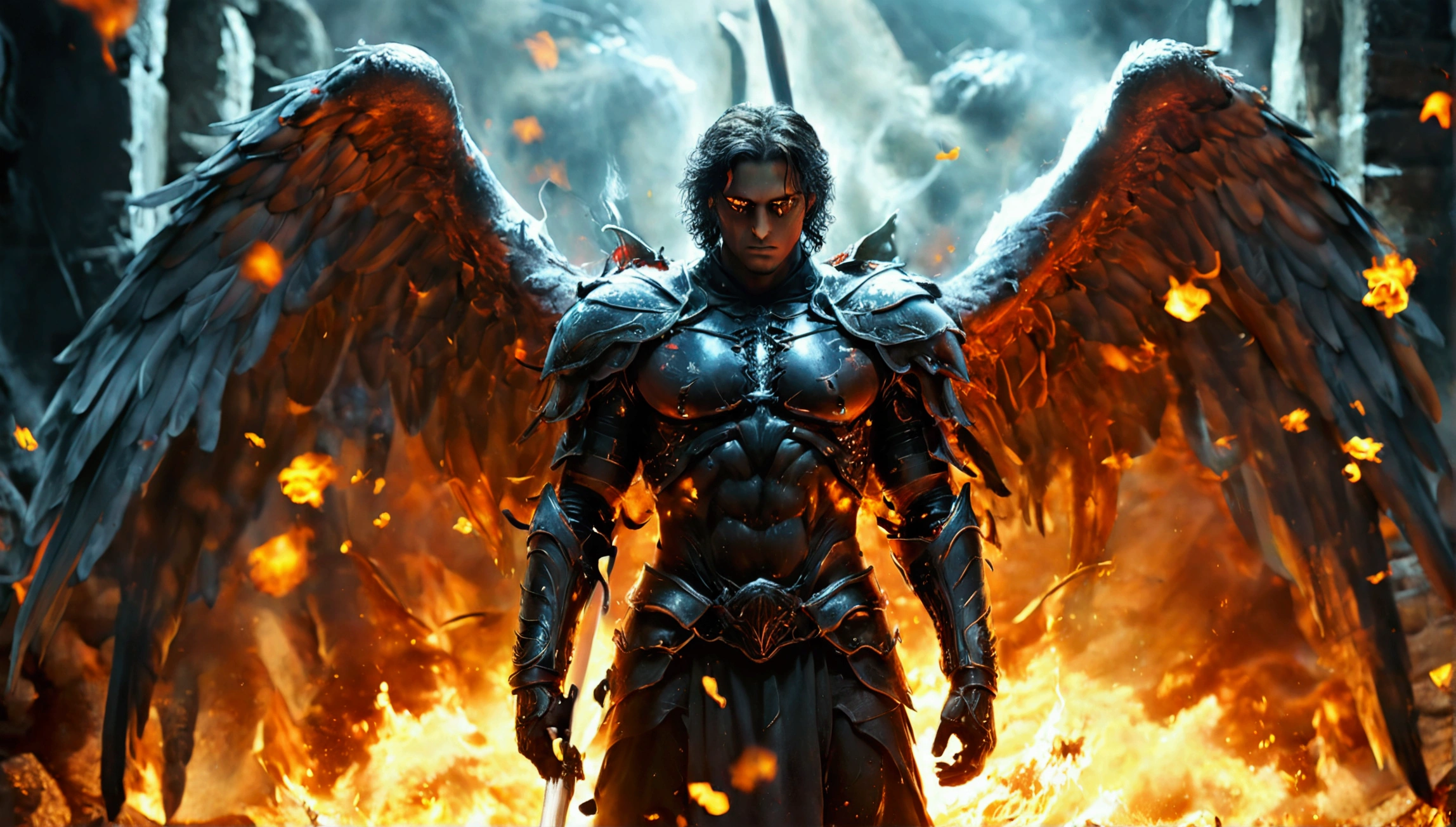 una imagen del ángel miguel archangel, with a sword standing in hell, angel in hell, archangel, Angels against demons, angel looking at demon, Angels and Demons, angel protecting man, Archangel Michael, the angel of Death, Battle between Angels and Demons, super wide angel, epic angel wings, Angels protecting a praying man., human need angel of death. ((epic image)), ((high quality)), Clear and bright eyes, biomechanics, strange, scary, Nightmare, very bright colors, light particles, with bright light, Mshiff, Wallpaper Art, UHD Wallpaper, Arcanjo Clear and bright eyes, biomechanics, strange, scary, Nightmare, very bright colors, light particles, with bright light, Mshiff, Wallpaper Art, UHD Wallpaper
