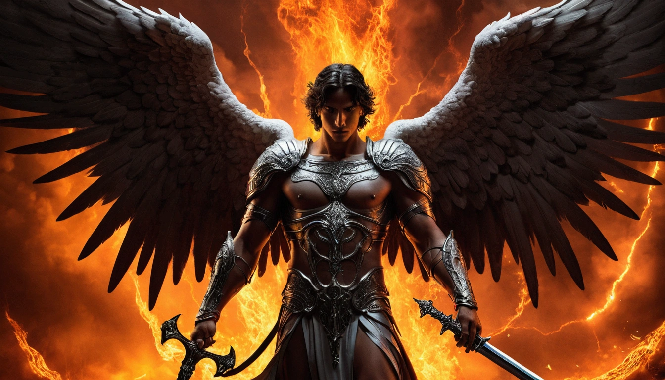 una imagen del ángel miguel archangel, with a sword standing in hell, angel in hell, archangel, Angels against demons, angel looking at demon, Angels and Demons, angel protecting man, Archangel Michael, the angel of Death, Battle between Angels and Demons, super wide angel, epic angel wings, Angels protecting a praying man., human need angel of death. ((epic image)), ((high quality)), Clear and bright eyes, biomechanics, strange, scary, Nightmare, very bright colors, light particles, with bright light, Mshiff, Wallpaper Art, UHD Wallpaper, Arcanjo Clear and bright eyes, biomechanics, strange, scary, Nightmare, very bright colors, light particles, with bright light, Mshiff, Wallpaper Art, UHD Wallpaper
