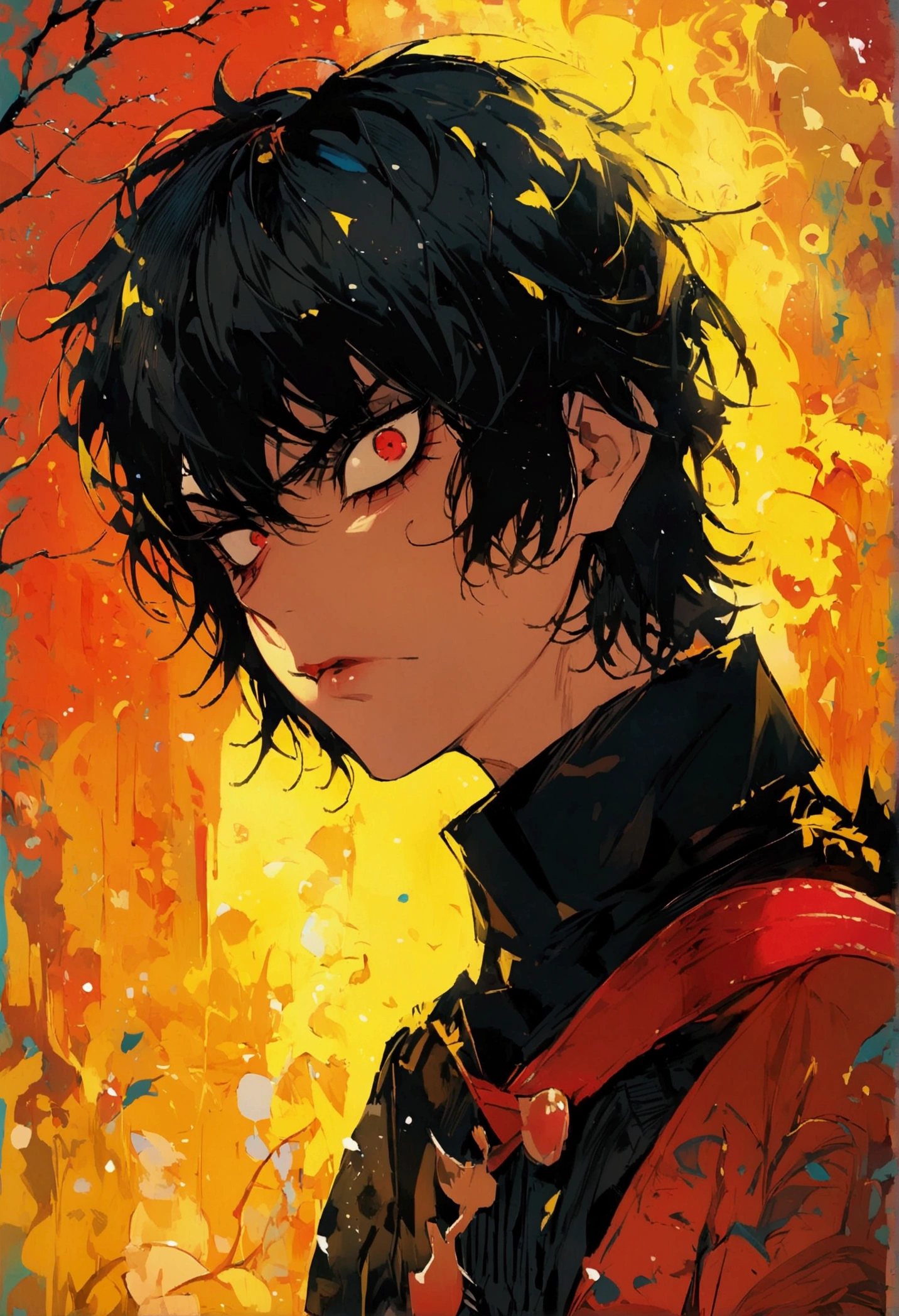 Akira Fudo, Devilman Crybaby, Male, with black clothes, background yellow