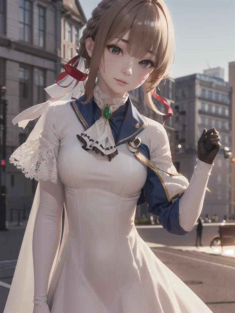 Great Joy:1.3, masterpiece, Highest quality, High resolution, Violet Evergarden, Braiding, Hair Ribbon, Red ribbon, jewelry, White Ascot, brooch, Blue jacket, Long sleeve, Brown gloves, White Dress, Long dress, Are standing, Cowboy Shot, Outdoor, unity 8k wallpaper, (figure:0.8), (Beautiful attention to detail:1.6), Highly detailed face, Perfect lighting, Highly detailed CG, (3D Face:1.1), (Shiny skin:1.5), (超High resolution intricate face details), (Facial skin pores:1.3), 超High resolution cloth texture