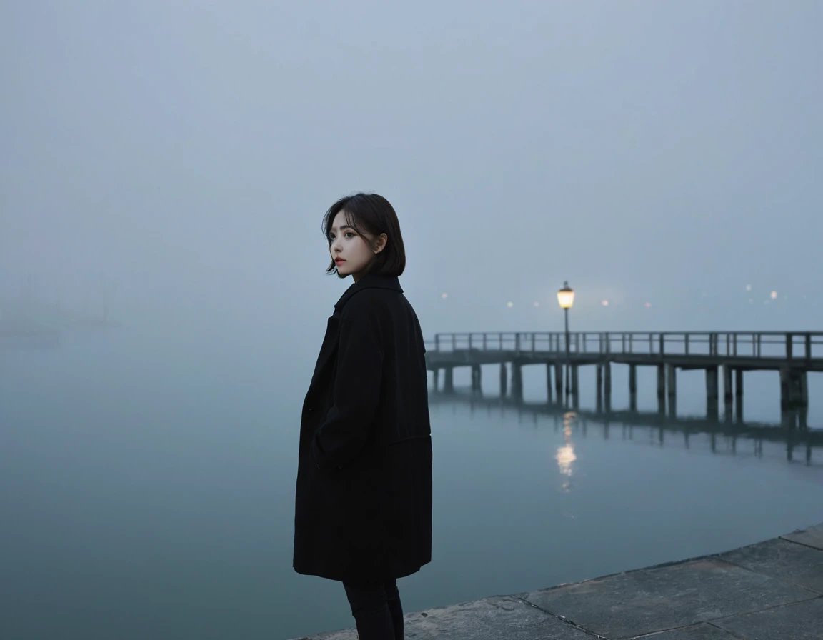 Korean woman,Short hair, black coat, cool,rain,blur,Fog,middle,cool,boring,,pier,only,Coast, The dim light shines in the Fog,and the figure stands in the Fog holding , Fog 때문에 모든 사물이 희미하게 보이는, street lights are on