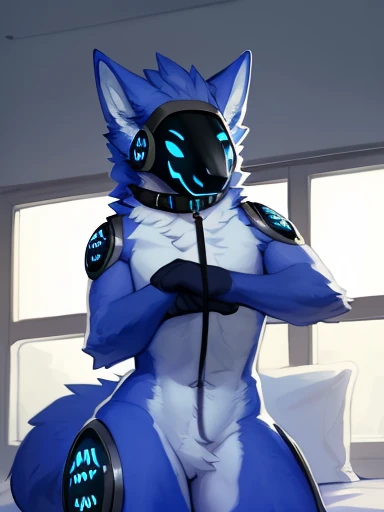 , ((( hands up to chest, (( showing off his new collar and leash to viewer,rampage wearing a collar with a leash on it and in viewers face),((Light blue fur protogen furry character wolf )) , on his bed looking at the viewer with a very romantic look and pose))) , big chest , day, , sensual, detailed, uploaded to e621, beautiful and detailed portrait of an anthropomorphic , (((male))) uploaded to e621, zaush, foxovh, movie lighting, thicc, alone, detailed, 8k res, hires, detailed eyes, good anatomy, good perspective, towards viewer, by bebebebebe, by sicklyhypnos, by gerkk, by orf, nice hands, perfect hands, happy, romantic, ray tracing lighting, rtx on, By Bebebebebe, by SpiritD, by KOBITOWANI, b est quality, masterpiece, perfect anatomy, detai led picture)), 1femboy, , sexy body, fluffy tail, shy, horny, romantic, up close, wearing not a single bit of clothing, huge thighs,