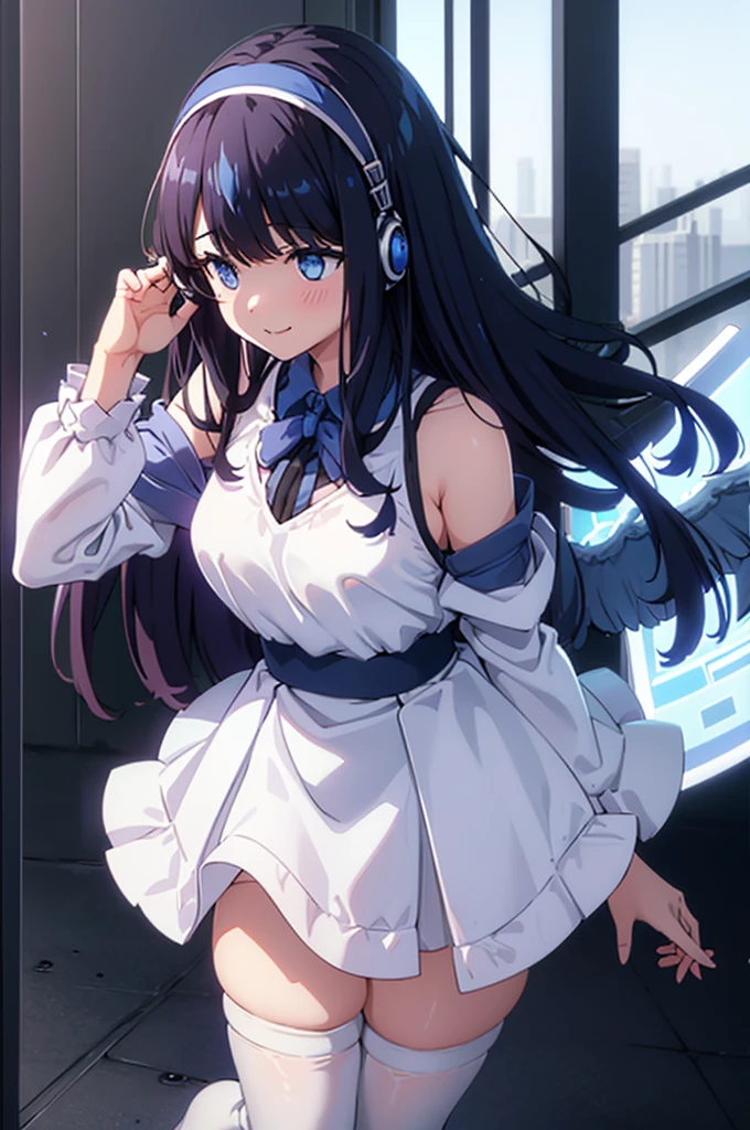 Mecha Wings、White and blue skirt、Accentuated thighs、White tights、chest、Beautiful black hair、1 girl、solo girl、Thick thighs、is、Frame Arms Girl、Alice Gere Aegis、White Armor、Blue and purple lines、income、headphone、hand on own chest、smile