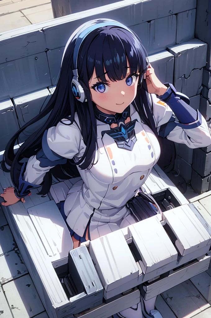 Mecha Wings、White and blue skirt、Accentuated thighs、White tights、chest、Beautiful black hair、1 girl、solo girl、Thick thighs、is、Frame Arms Girl、Alice Gere Aegis、White Armor、Blue and purple lines、income、headphone、hand on own chest、smile