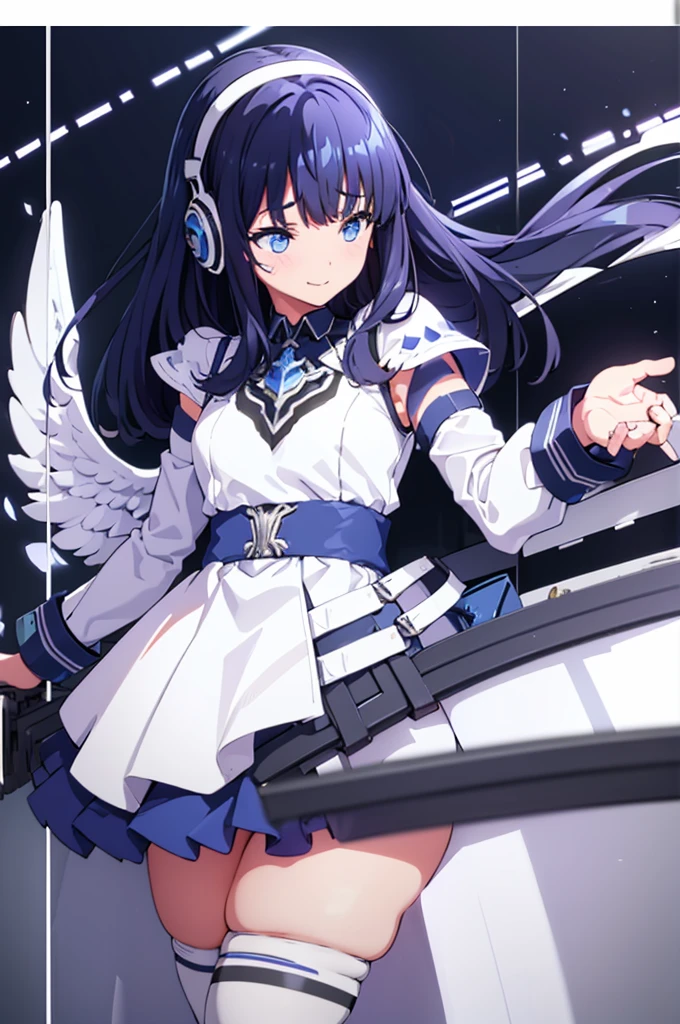 Mecha Wings、White and blue skirt、Accentuated thighs、White tights、chest、Beautiful black hair、1 girl、solo girl、Thick thighs、is、Frame Arms Girl、Alice Gere Aegis、White Armor、Blue and purple lines、income、headphone、hand on own chest、smile