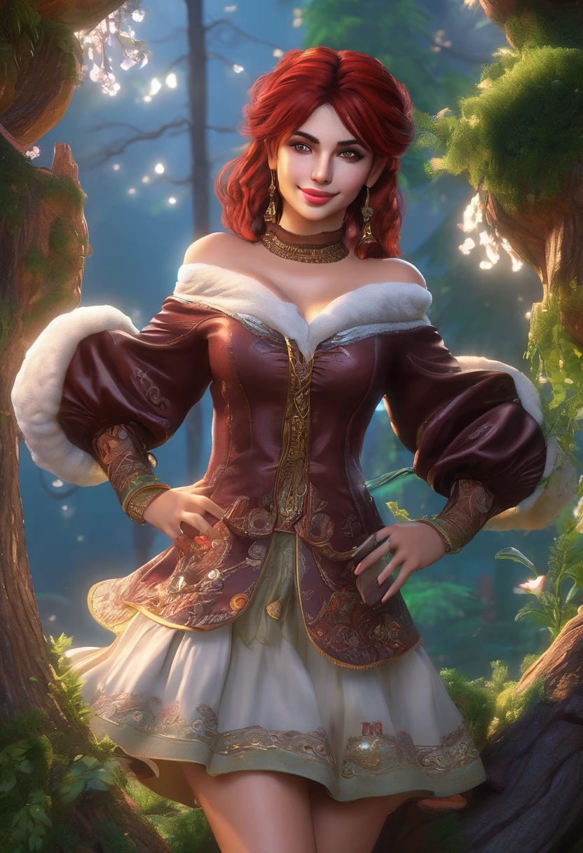 masterpiece, best quality, highly detailed, 1girl, solo, twintails, off-shoulder sweater, cherry red hair. choker, jacket, hairband, looking at viewer, smile, blush, Wide Smile, Eyes Detailed & Wide, sexy Pose. CHOCOLATE COMPLEXION, Ultra HD, Rococo-Inspired Fantasy Art With Intricate Details. Cute, Charming Expression, Alluring-Gaze, looking at viewer Beautiful Eyes, An-Ideal-Figure. Large Youthful Well-Shaped-Breasts, Massive-Round-Bosom, Décolletage. slim waist, fit body, full lipsWarm lights , woman in a dreamy forest at night, with fluffy hair, delicate face, realistic, real, slim, large aperture, sexy shots, attractive poses,Stunnin gly beautiful merge of Priyanka Chopra, symmetrical face, photorealistic, photography, path tracing, specular lighting, volumetric face light, path traced hairmaximum quality{(masutepiece) (8K High Resolution) (top-quality) In the style of breath of the wild.

