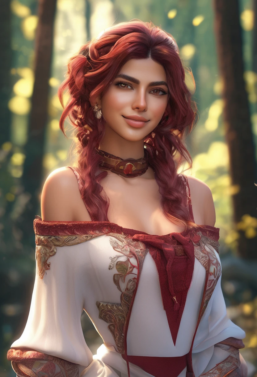 masterpiece, best quality, highly detailed, 1girl, solo, twintails, off-shoulder sweater, cherry red hair. choker, jacket, hairband, looking at viewer, smile, blush, Wide Smile, Eyes Detailed & Wide, sexy Pose. CHOCOLATE COMPLEXION, Ultra HD, Rococo-Inspired Fantasy Art With Intricate Details. Cute, Charming Expression, Alluring-Gaze, looking at viewer Beautiful Eyes, An-Ideal-Figure. Large Youthful Well-Shaped-Breasts, Massive-Round-Bosom, Décolletage. slim waist, fit body, full lipsWarm lights , woman in a dreamy forest at night, with fluffy hair, delicate face, realistic, real, slim, large aperture, sexy shots, attractive poses,Stunnin gly beautiful merge of Priyanka Chopra, symmetrical face, photorealistic, photography, path tracing, specular lighting, volumetric face light, path traced hairmaximum quality{(masutepiece) (8K High Resolution) (top-quality) In the style of breath of the wild.
